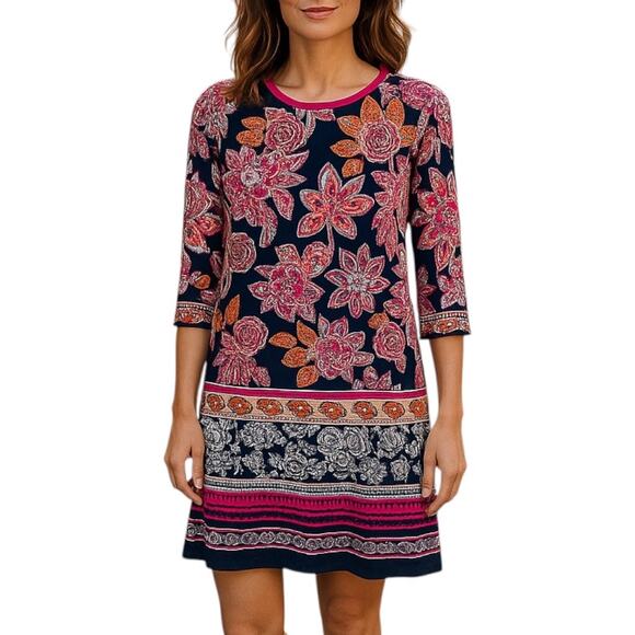Eliza J Floral Printed Shift Dress 3/4 Sleeve Pink Navy Size 6 - Picture 2 of 8